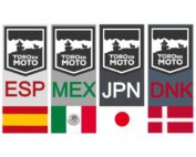 Kit de pegatinas de vinilo ToroEnMoto con las banderas de España, Dinamarca, México y Japón. Resistente y diseñado para motoviajeros.