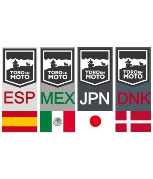Kit de pegatinas de vinilo ToroEnMoto con las banderas de España, Dinamarca, México y Japón. Resistente y diseñado para motoviajeros.