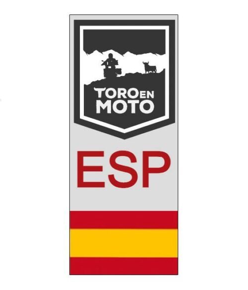 Pegatina de vinilo ToroEnMoto con la bandera de España, resistente para motos, cascos y maletas. Edición limitada del reto ToroEnMoto.