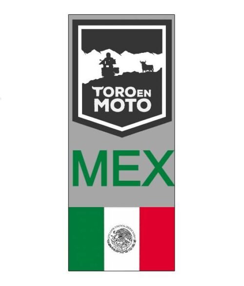 Pegatina de vinilo ToroEnMoto con la bandera de México. Representa uno de los cuatro toros de Osborne en el reto ToroEnMoto.